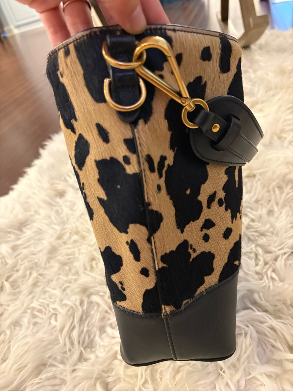 Ralph Lauren Small Hair Calf Bucket Bag Animal Print Purse Handbag Black Leather - Picture 7 of 16